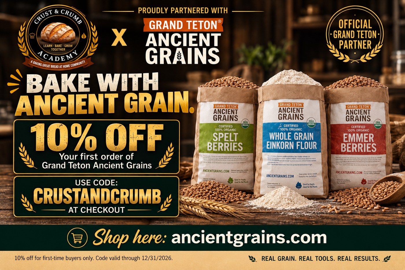 Grand Teton Ancient Grains: 10% off your first order with code crustandcrumb, valid through 12/31/2026